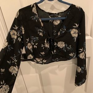 Flare Sleeve Cropped Blouse with Tie Front